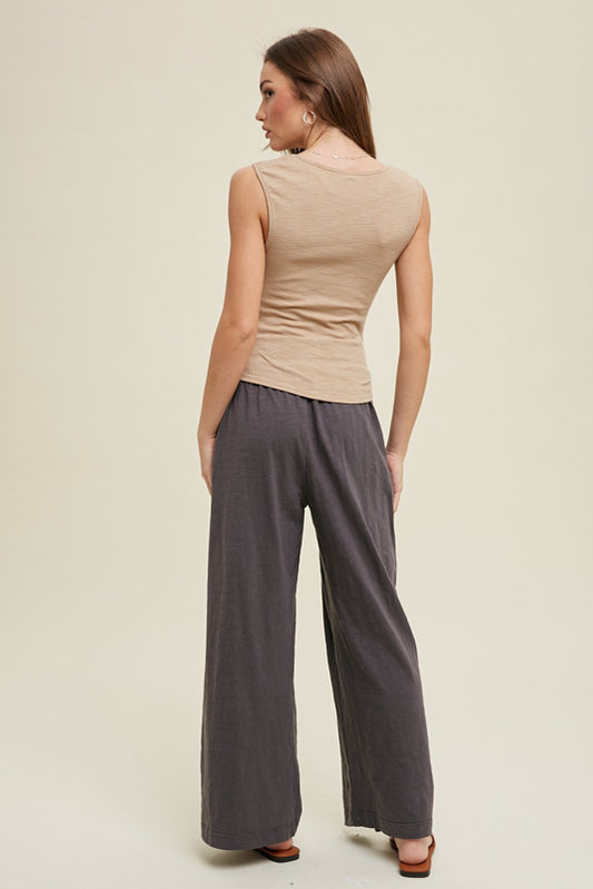 Ribbed tank with sweetheart neckline in taupe.