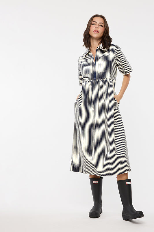 The Mabeline Midi Dress in Navy Stripe