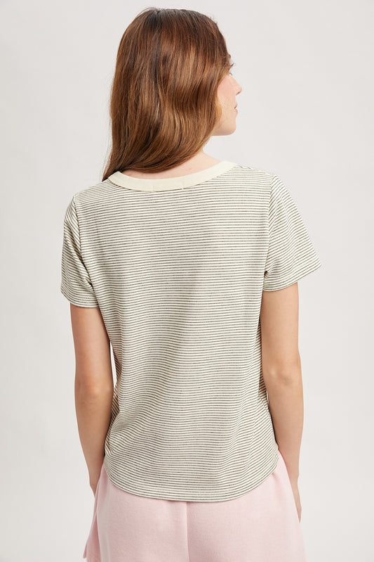 Scoop neck tee in cream with black stripes. Short sleeves.