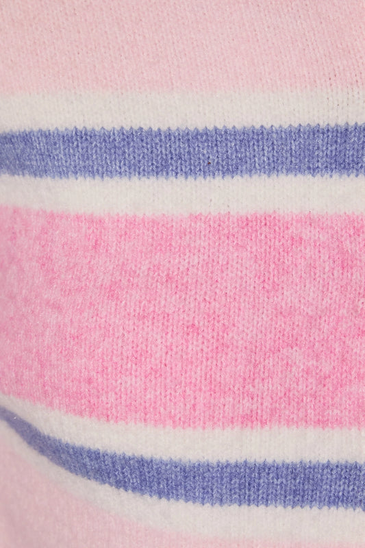 A women's light pink, white, and periwinkle blue horizontally striped long-sleeve knit cardigan sweater featuring a crew neckline, front button placket, and relaxed drop shoulders.
