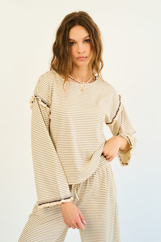 The Tamsin Long Sleeve Striped Blouse in Cream + Brown