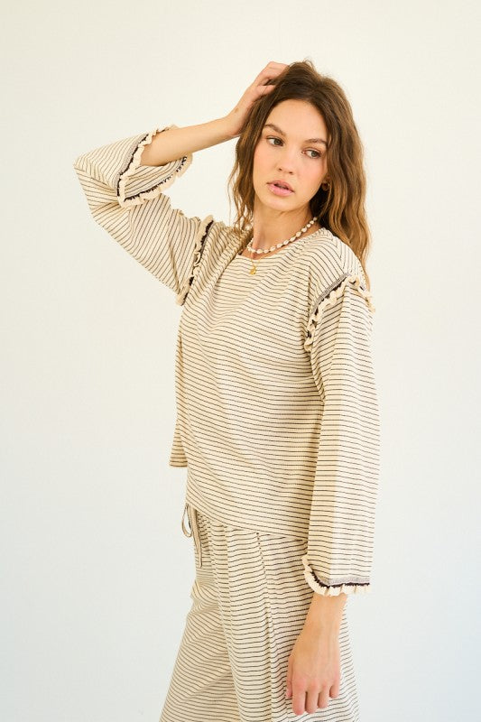 The Tamsin Long Sleeve Striped Blouse in Cream + Brown