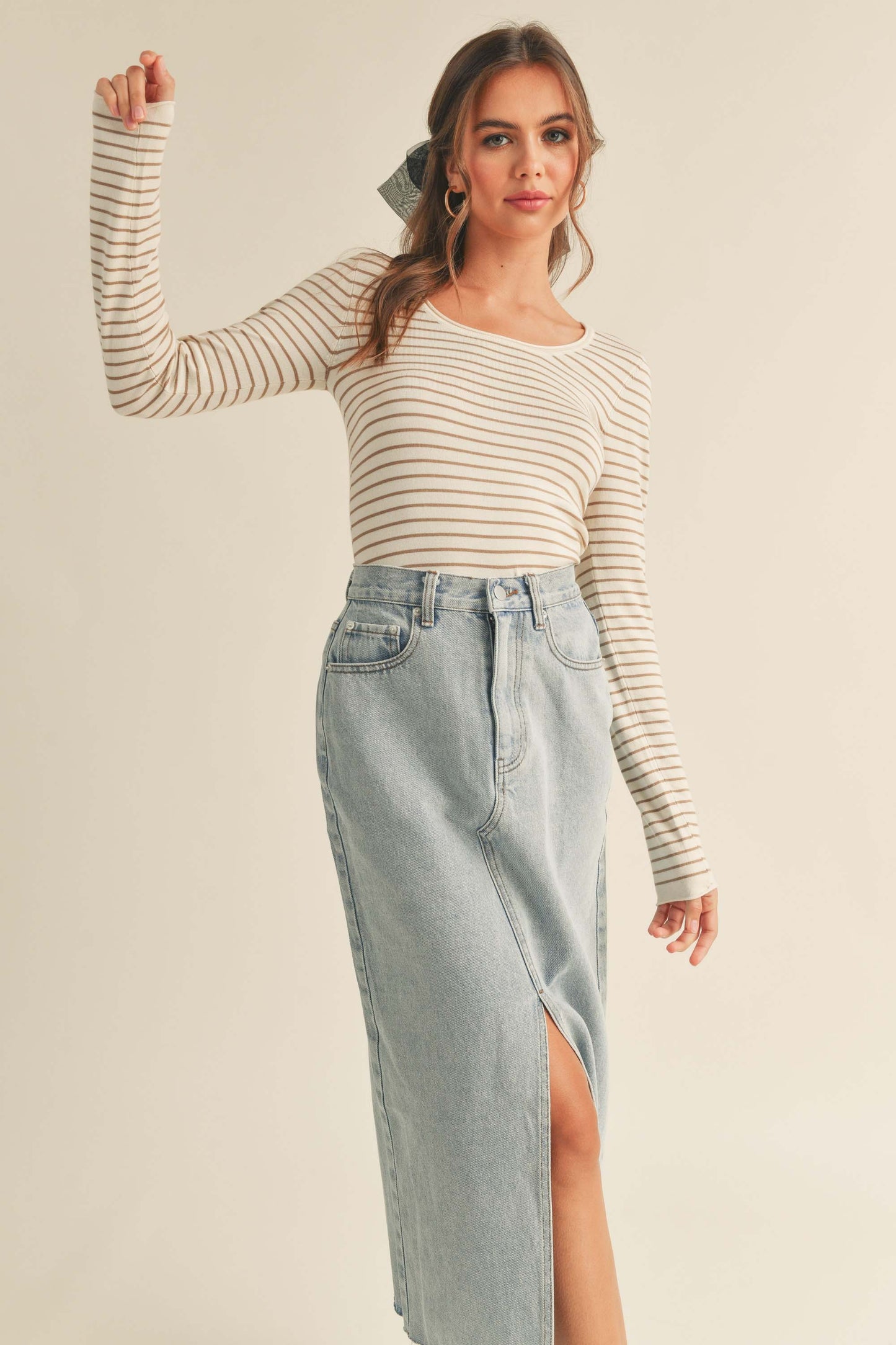 Pre-Order: The Spencer Striped Long Sleeve Blouse in Taupe + Cream