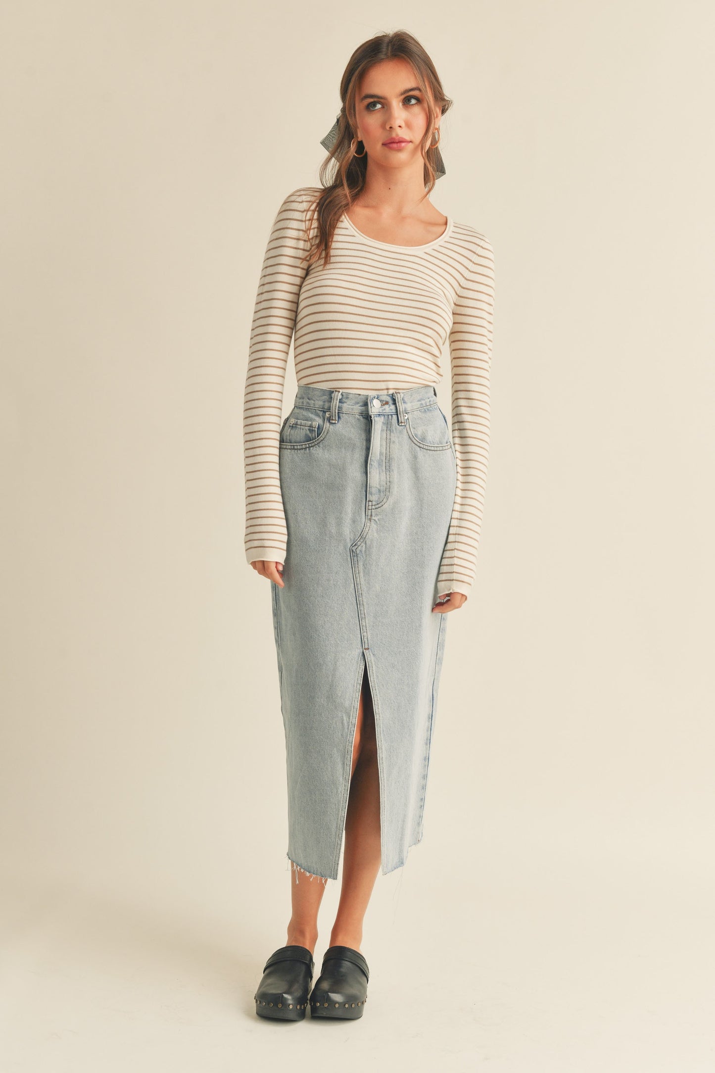 Pre-Order: The Spencer Striped Long Sleeve Blouse in Taupe + Cream