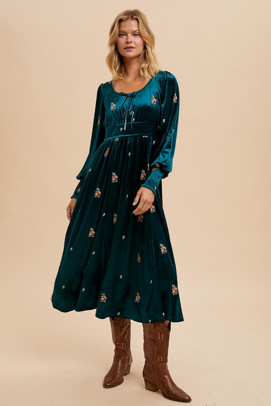The Mickie Embroidered Dress in Emerald Velvet