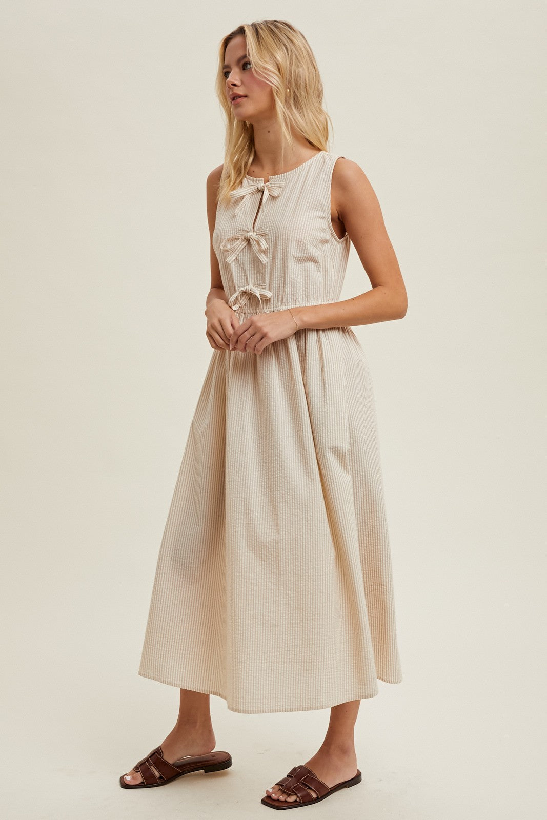The Zhane Striped Bow Detail Dress in Cream + Mocha