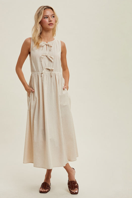 The Zhane Striped Bow Detail Dress in Cream + Mocha
