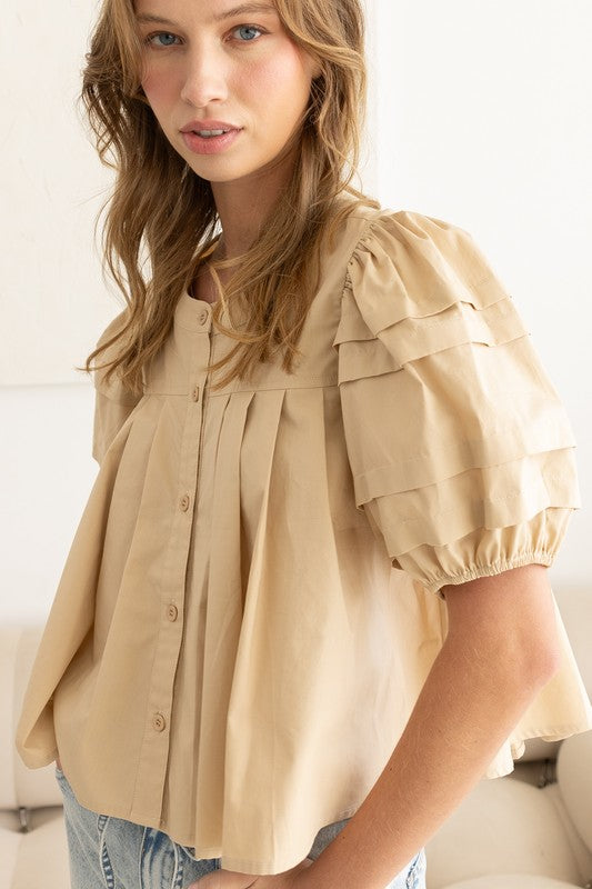The Alenra Button Top in Beige