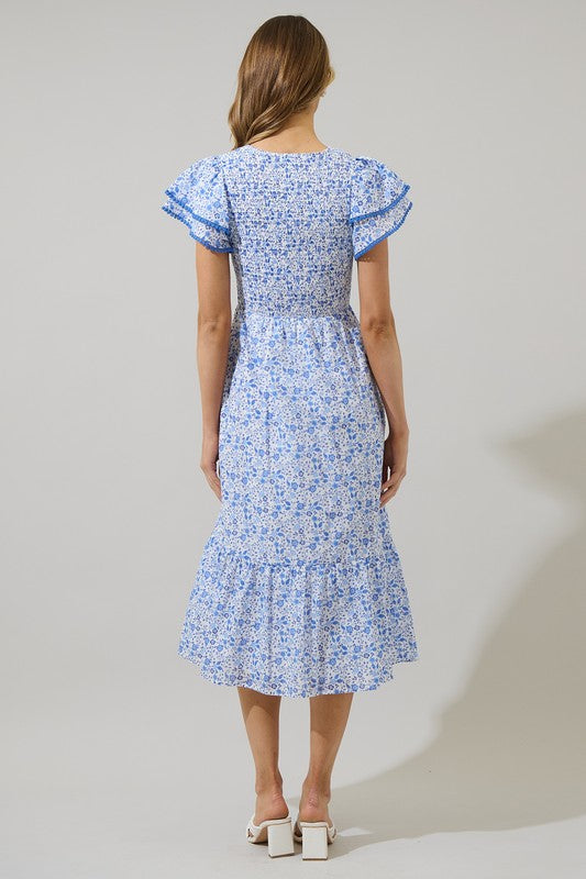The Kalliope Floral Dress in White-Blue