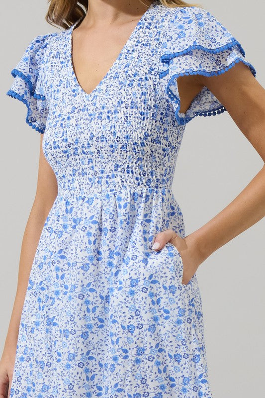 The Kalliope Floral Dress in White-Blue