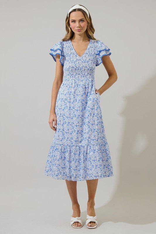 The Kalliope Floral Dress in White-Blue