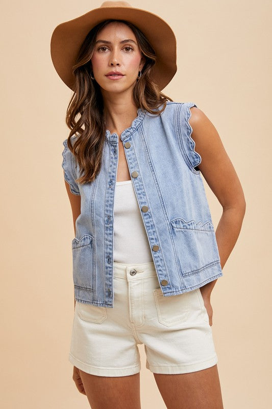 The Delora Button-Up Vest in Light Denim