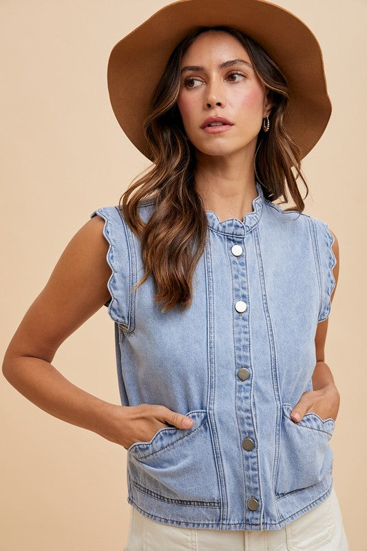 The Delora Button-Up Vest in Light Denim