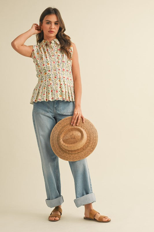 The Antalya Pleated Collar Blouse in Ivory Floral
