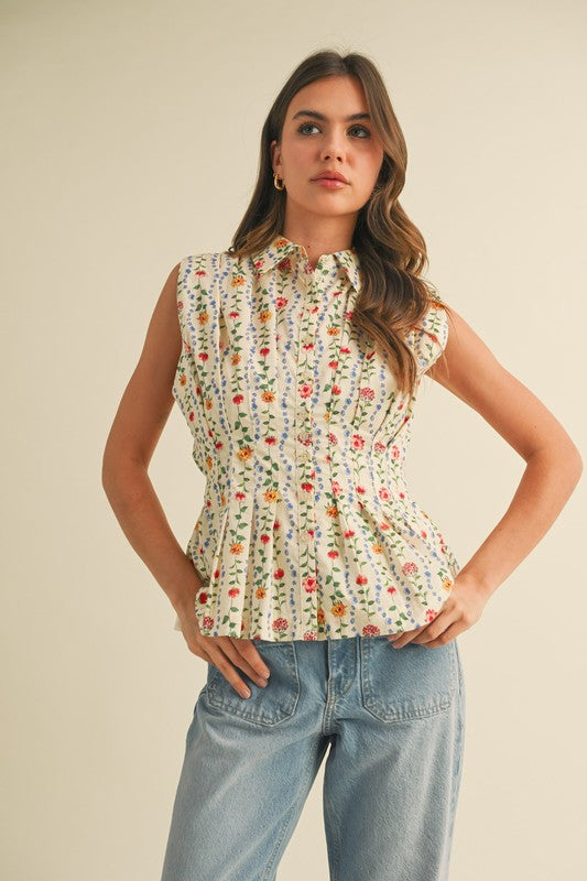 The Antalya Pleated Collar Blouse in Ivory Floral