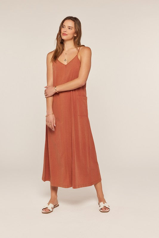 The Jovie Washed Overall Dress in Terracotta