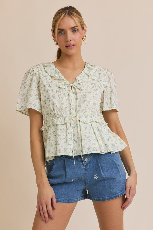 The June Top in Cream + Blue Floral