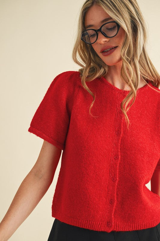 The Savine Button-Up Cardigan in Red