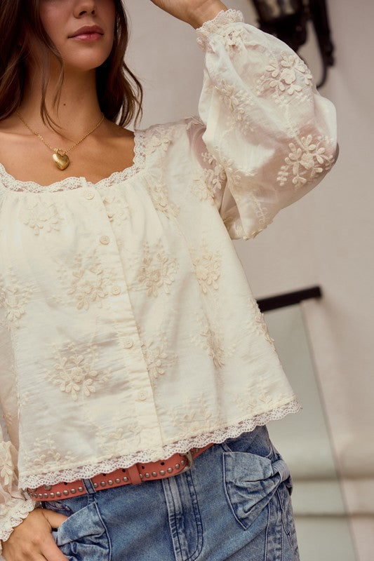 The Sylvie Lace Trim Blouse in Ivory