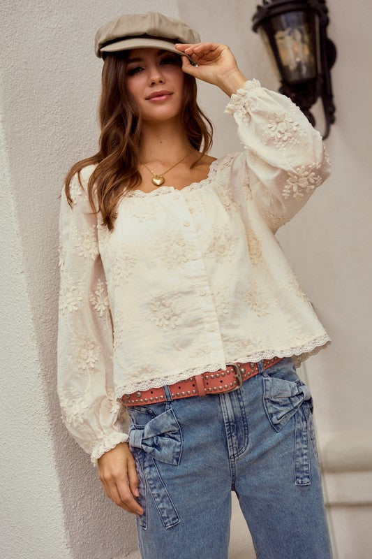 The Sylvie Lace Trim Blouse in Ivory