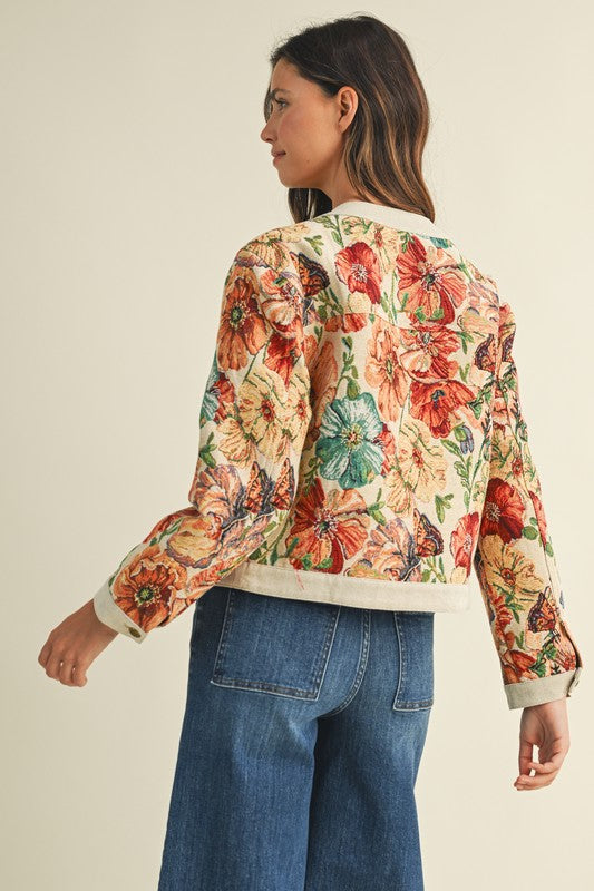 The Zinnia Flower Button Down Jacket In Stone Multi