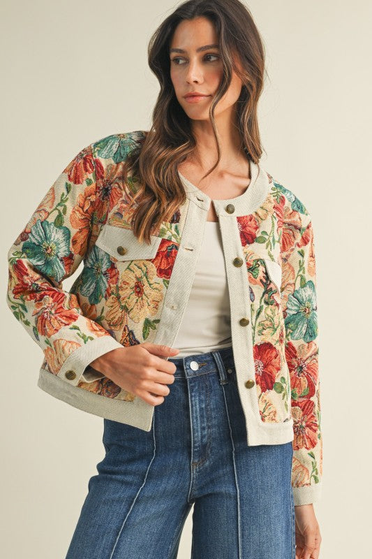 The Zinnia Flower Button Down Jacket In Stone Multi
