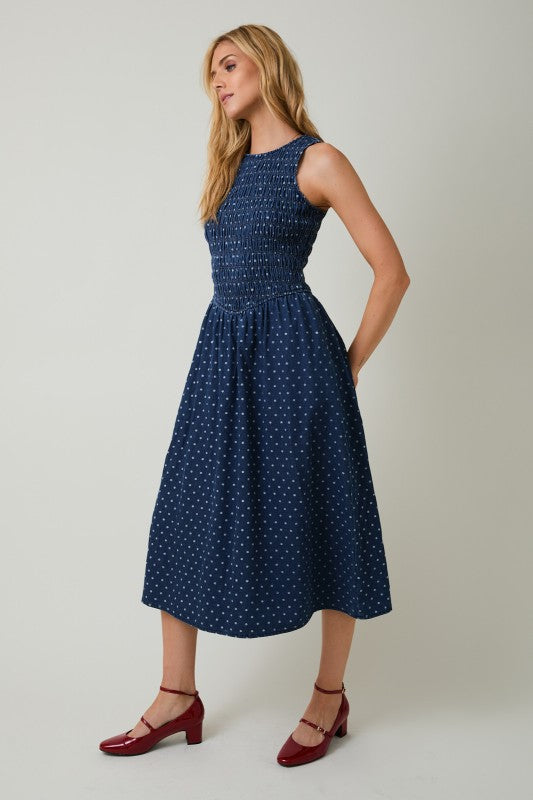 The Ivy Sleeveless Dress in Denim-Cream Dot