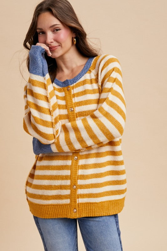 The Finch Cardigan in Mustard Stripe