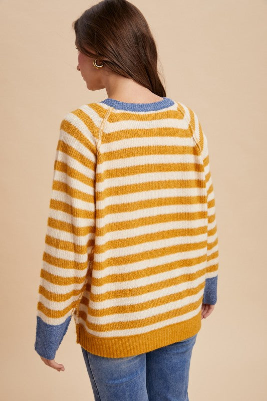 The Finch Cardigan in Mustard Stripe