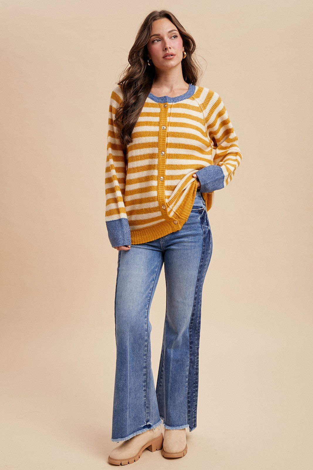 The Finch Cardigan in Mustard Stripe
