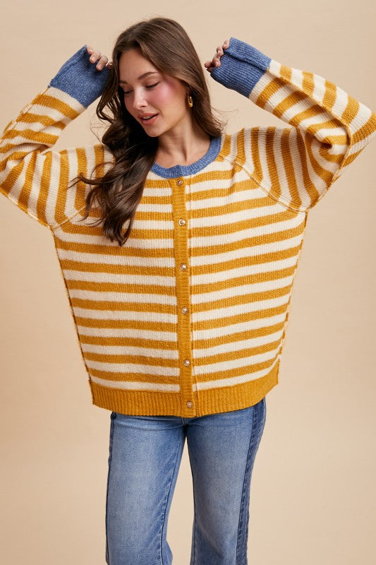 The Finch Cardigan in Mustard Stripe