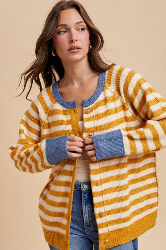 The Finch Cardigan in Mustard Stripe
