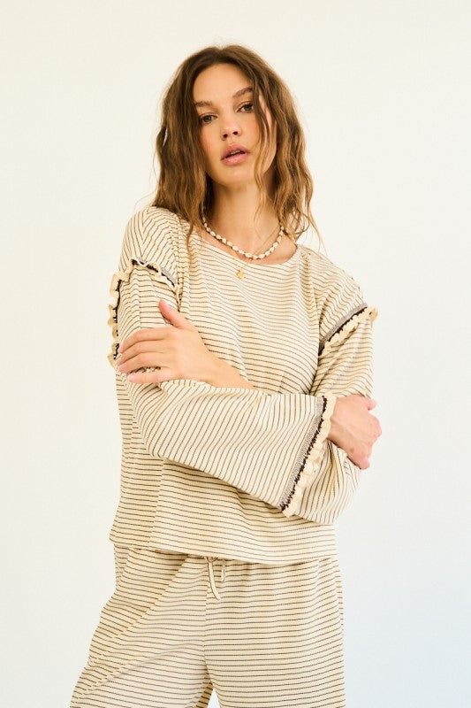 The Tamsin Long Sleeve Striped Blouse in Cream + Brown
