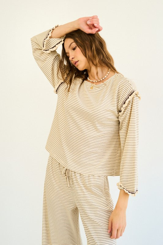 The Tamsin Long Sleeve Striped Blouse in Cream + Brown
