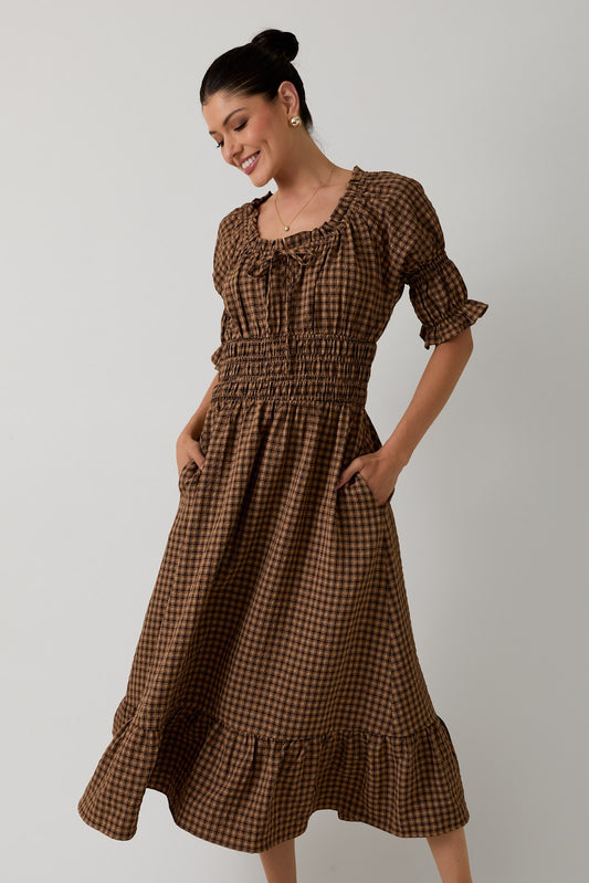 The Ansel Dress in Taupe + Brown Plaid