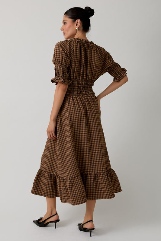 The Ansel Dress in Taupe + Brown Plaid