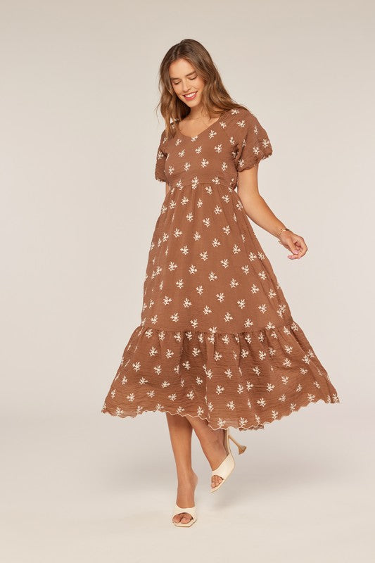 The Teddy Embroidered Dress in Brown + Ivory