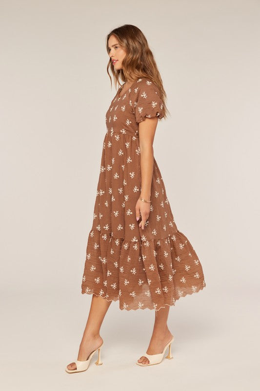 The Teddy Embroidered Dress in Brown + Ivory