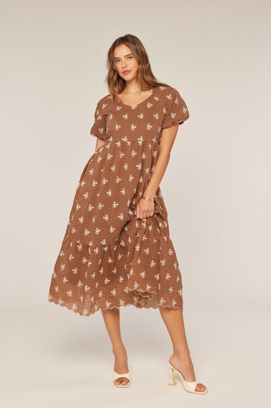 The Teddy Embroidered Dress in Brown + Ivory
