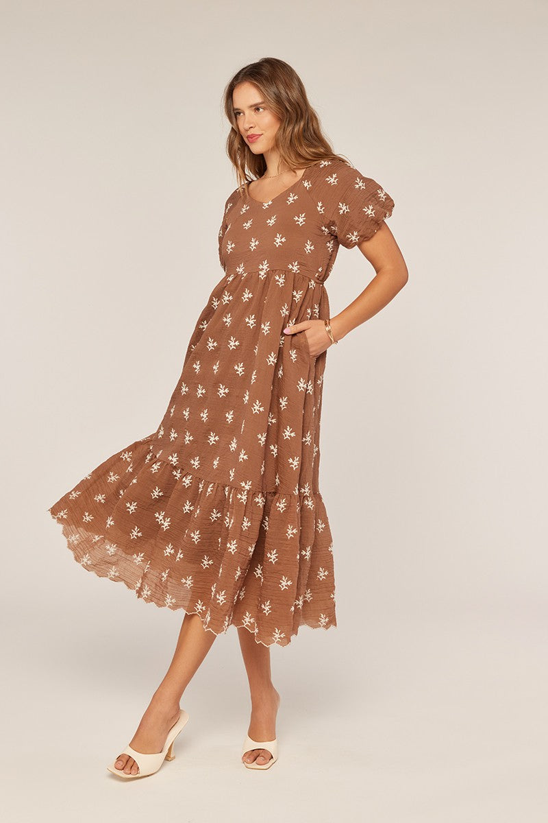 The Teddy Embroidered Dress in Brown + Ivory