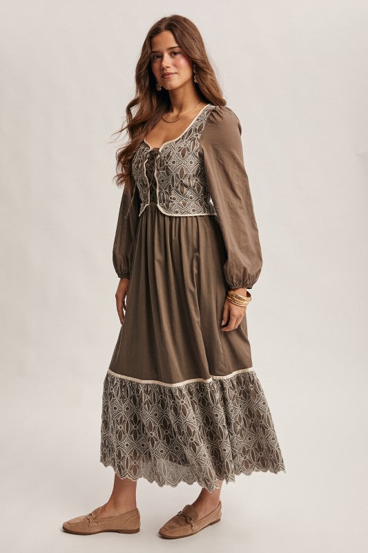 The Isolde Embroidered Dress in Olive