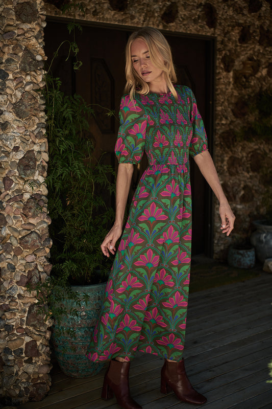 The Lillian Floral Smocked Maxi Dress in Kelly Green + Pink
