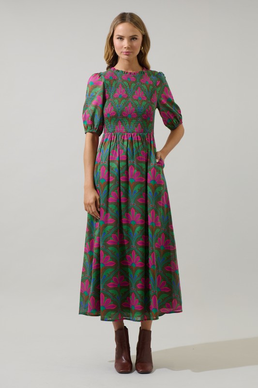 The Lillian Floral Smocked Maxi Dress in Kelly Green + Pink