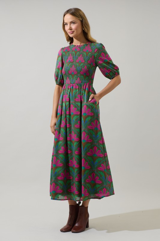 The Lillian Floral Smocked Maxi Dress in Kelly Green + Pink