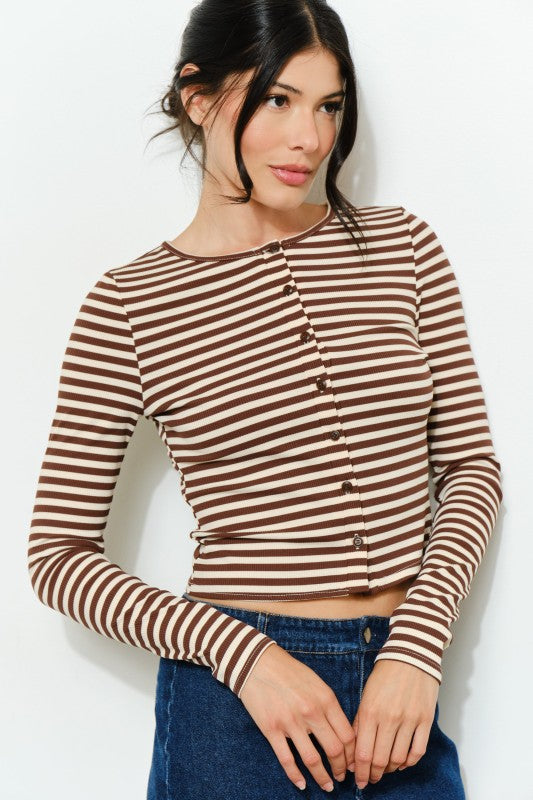 The Lorelei Striped Ribbed Blouse in Brown