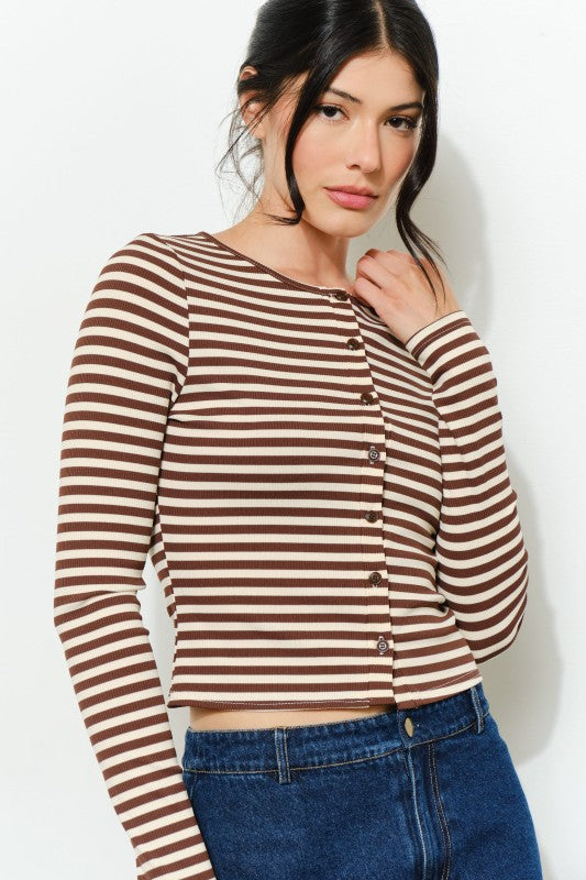 The Lorelei Striped Ribbed Blouse in Brown
