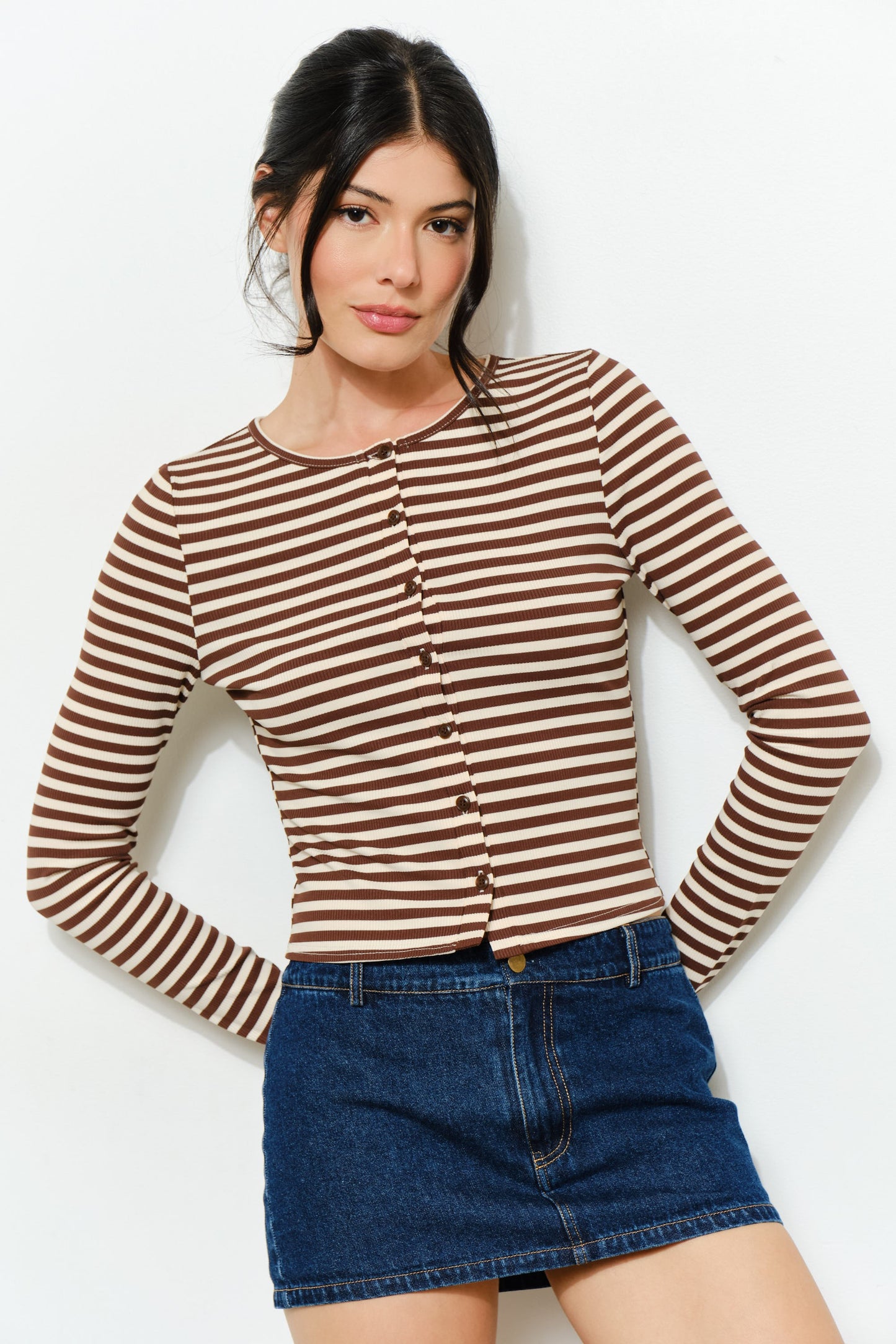 The Lorelei Striped Ribbed Blouse in Brown