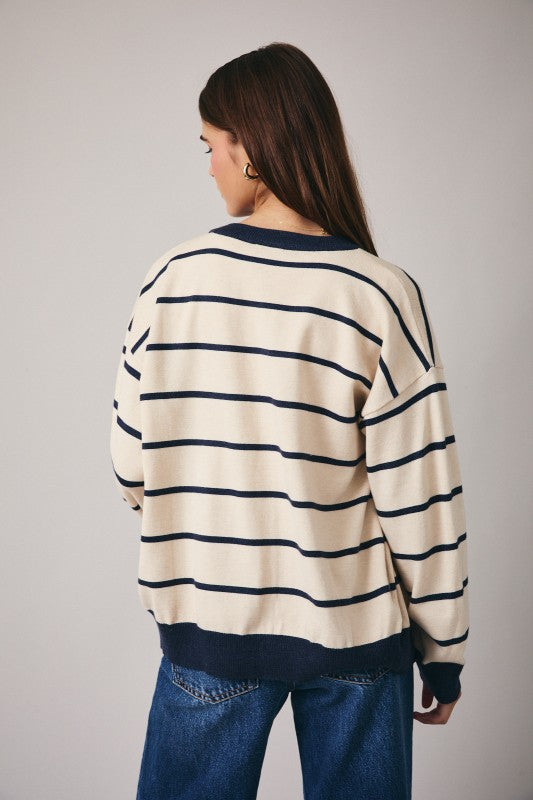 The Porter Striped Cardigan in Oatmeal + Navy Stripe