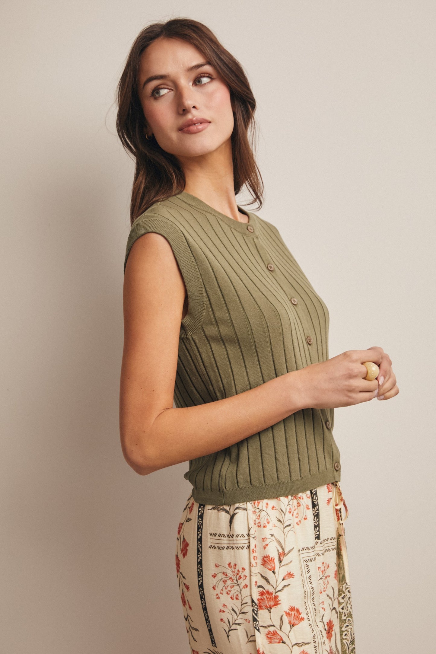 Ribbed button-front knit tank in eucalyptus.