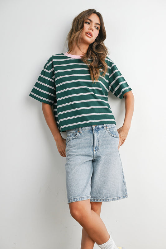 Boxy cut green and light pink striped cropped tee.